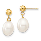 14k 7-8mm White Rice Freshwater Cultured Pearl Dangle Post Earrings